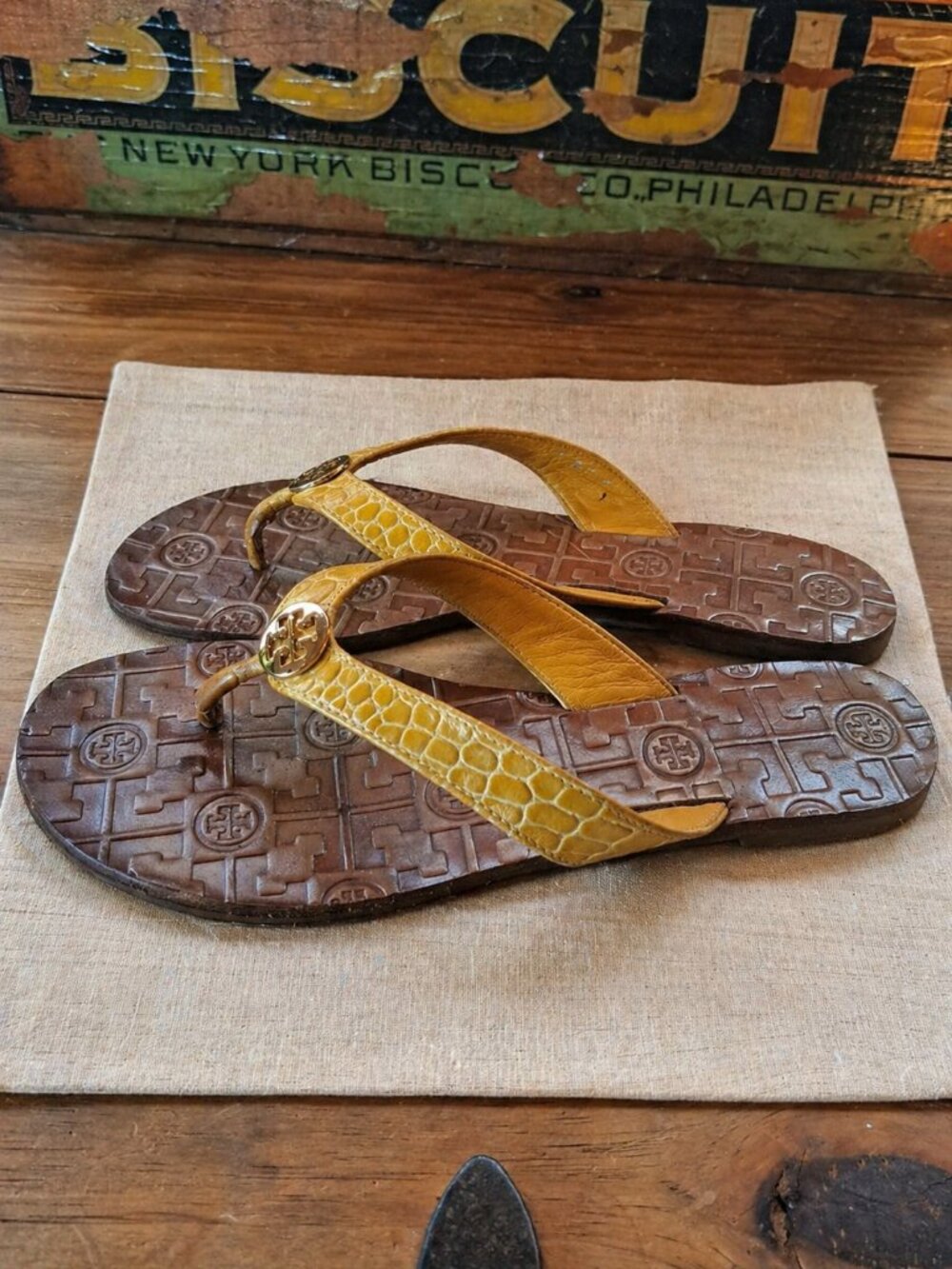 Tory Burch Miller Thong Sandals, Women's Size 8, Yellow Embossed Leather